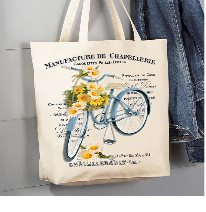 Vintage French Daisy Bicycle Shabby Chic Canvas Tote Bag