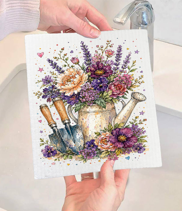 Watercolor Flower Watering Can Garden Swedish Dishcloth