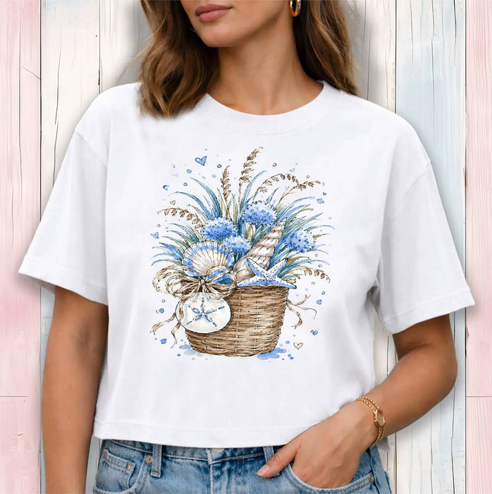Coastal Blue Baskets of Shells Bouquet Cropped T-Shirt