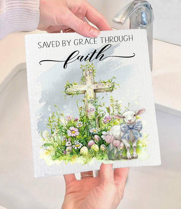 Saved by Grace Easter Lamb Cross Swedish Dishcloth