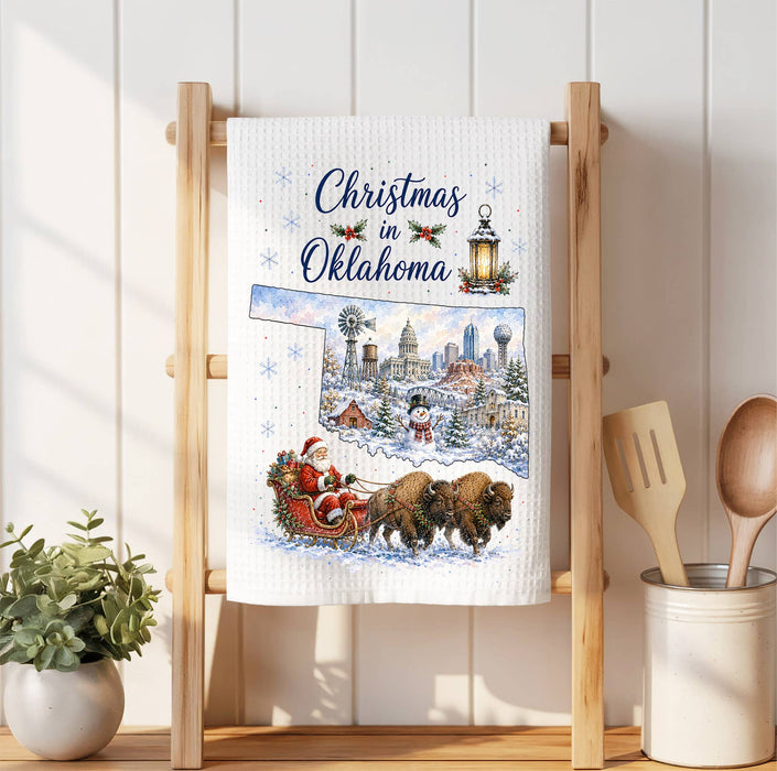 Christmas in Oklahoma State Map Waffle Weave Towel