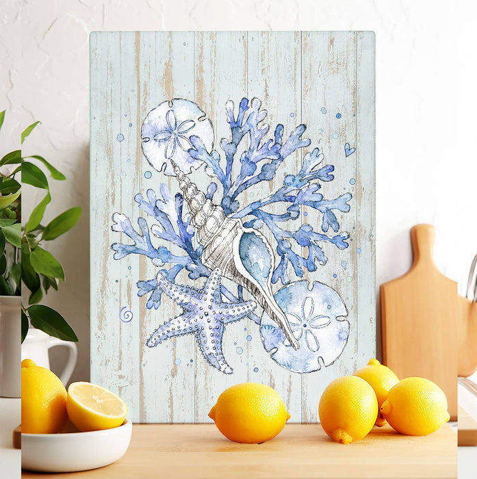 Coastal Blue Sand Dollar Sea Shells Glass Cutting Board