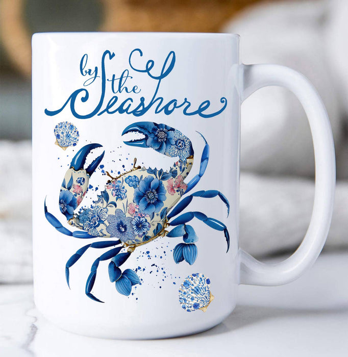 Floral Blue Crab by the Seashore Coffee Mug