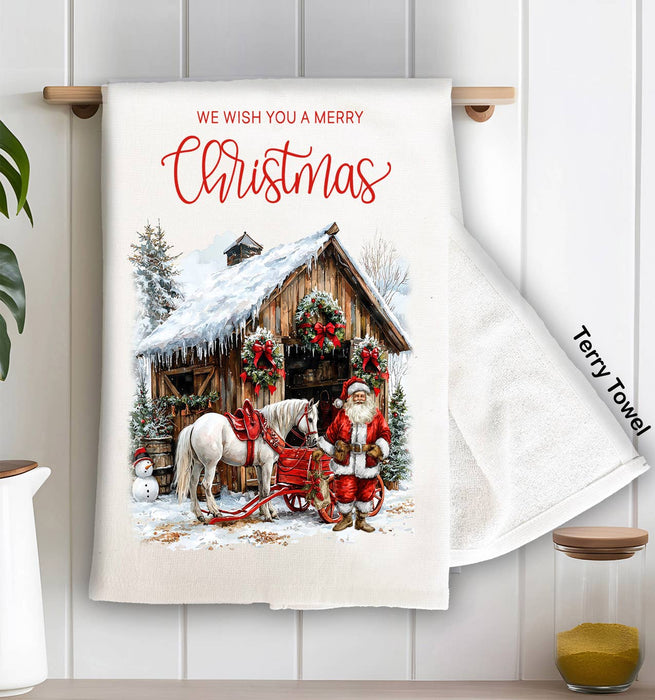 Merry Christmas Horse Barn Santa Kitchen Terry Towel