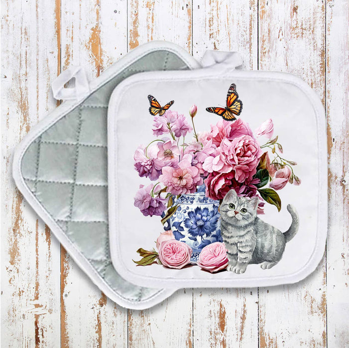 Grey Kitten Flowers Vase Butterflies Pot Holder Oven Mitt