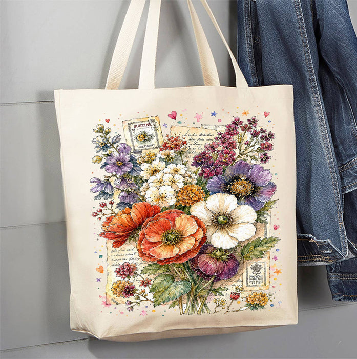 Vintage Watercolor Flowers Canvas Tote Bag