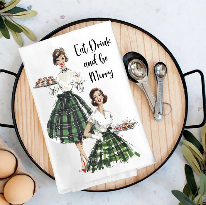 Retro Christmas Ladies Eat and be Merry Tea Towel