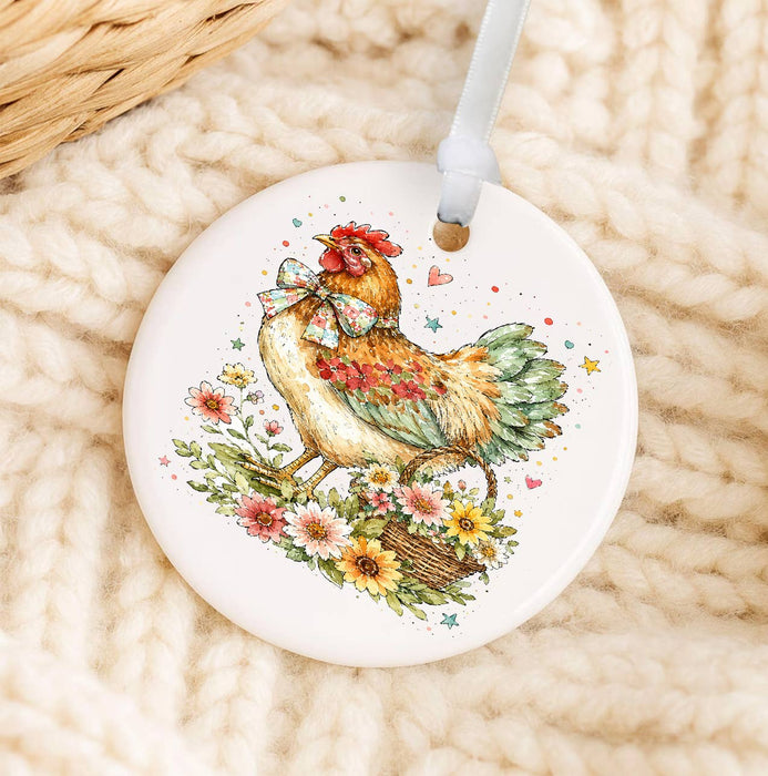 Watercolor Country Hen Flowers Ornament