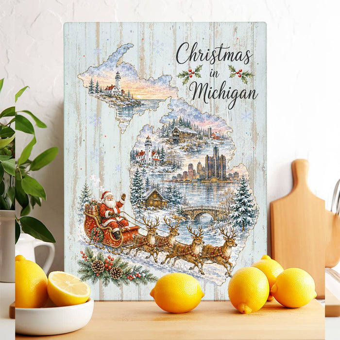 Christmas in Michigan State Map Glass Cutting Board