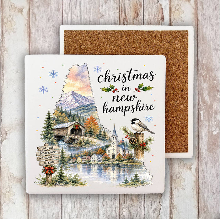 Christmas in New Hampshire State Map Stone Coaster