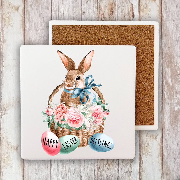 Happy Easter Blessing Bunny Stone Coaster