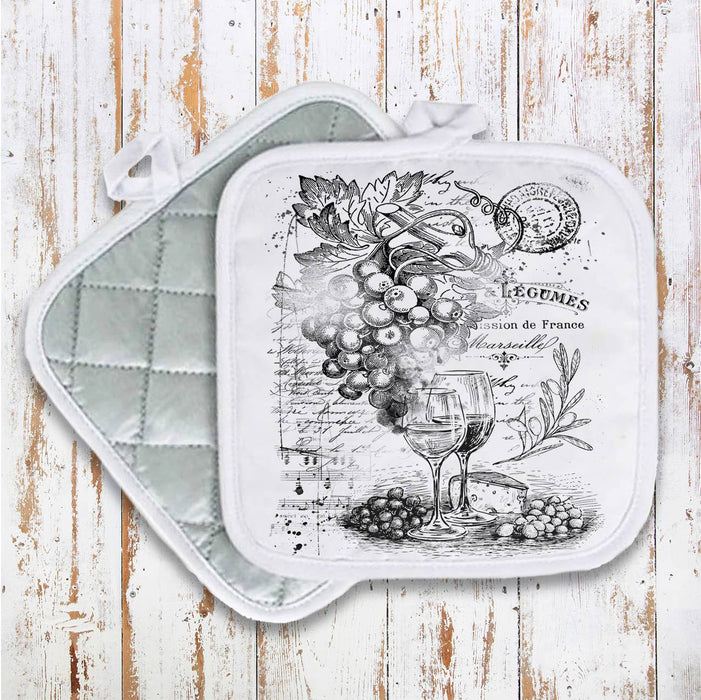 Vintage Shabby Wine and Grapes Pot Holder Oven Mitt