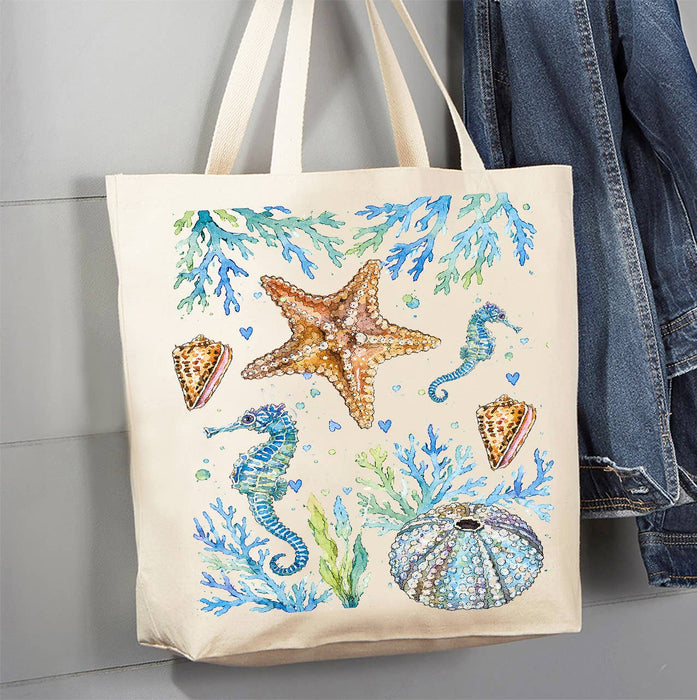Coastal Blue Starfish Sea Horse Ocean Canvas Tote Bag