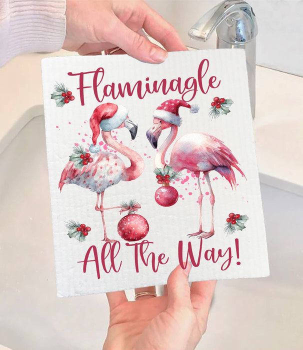 Christmas Flamingo Flaminagle all the way Swedish Dishcloth