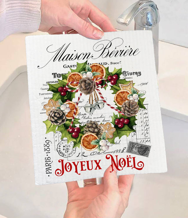 Joyeux Noel Christmas Wreath Swedish Dishcloth