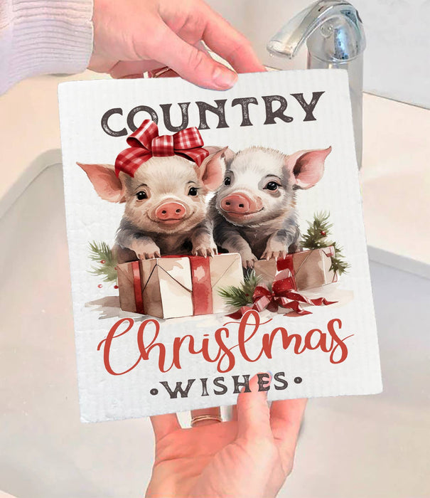 Country Christmas Wishes Piglets Swedish Dishcloth