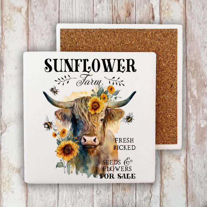 Highland Cow Sunflower Farm Stone Coaster