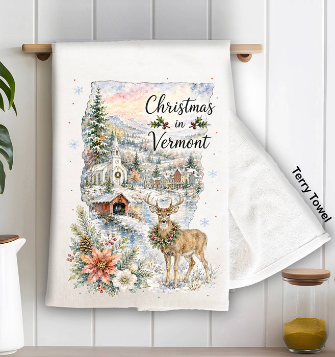 Christmas in Vermont State Map Kitchen Terry Towel