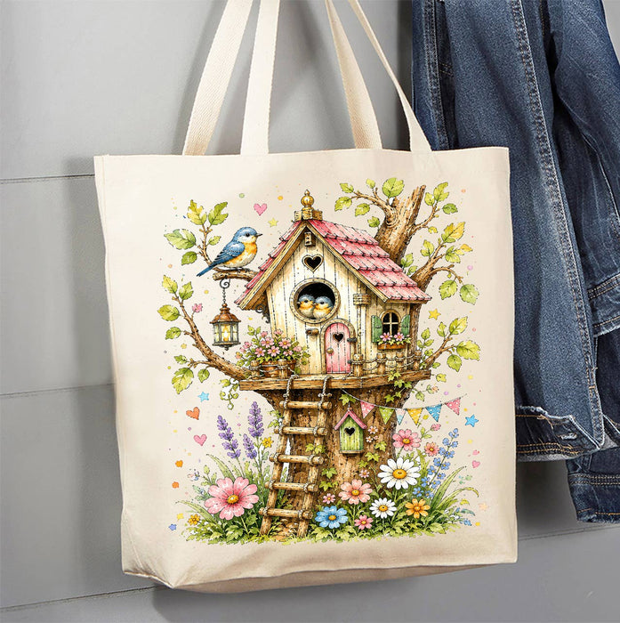 Spring Birds in Birdhouse Flowers Canvas Tote Bag