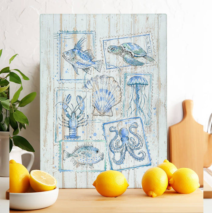 Coastal Blue Ocean Vintage Stamps Glass Cutting Board