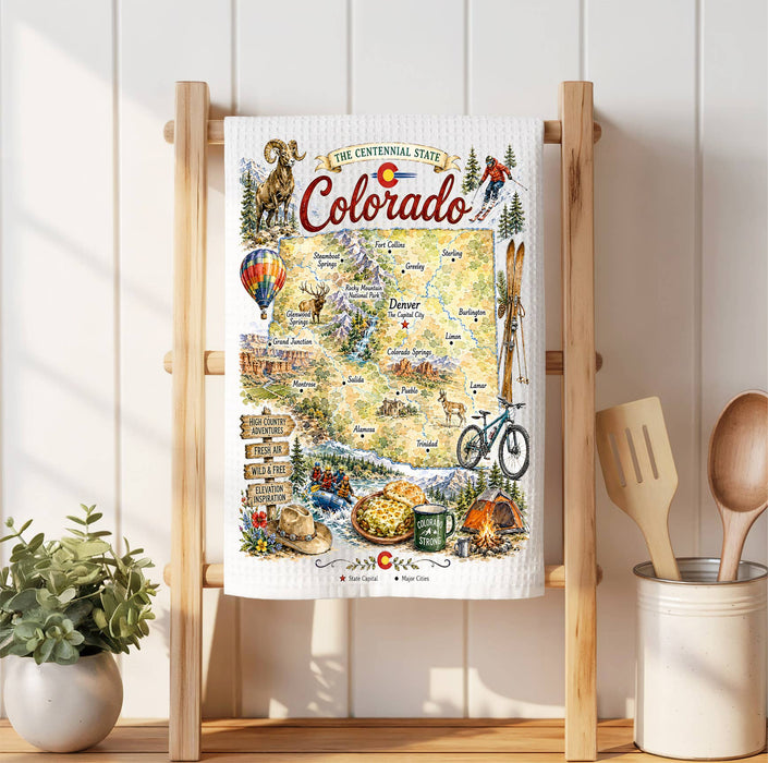Colorado State Map Landmark Waffle Weave Towel