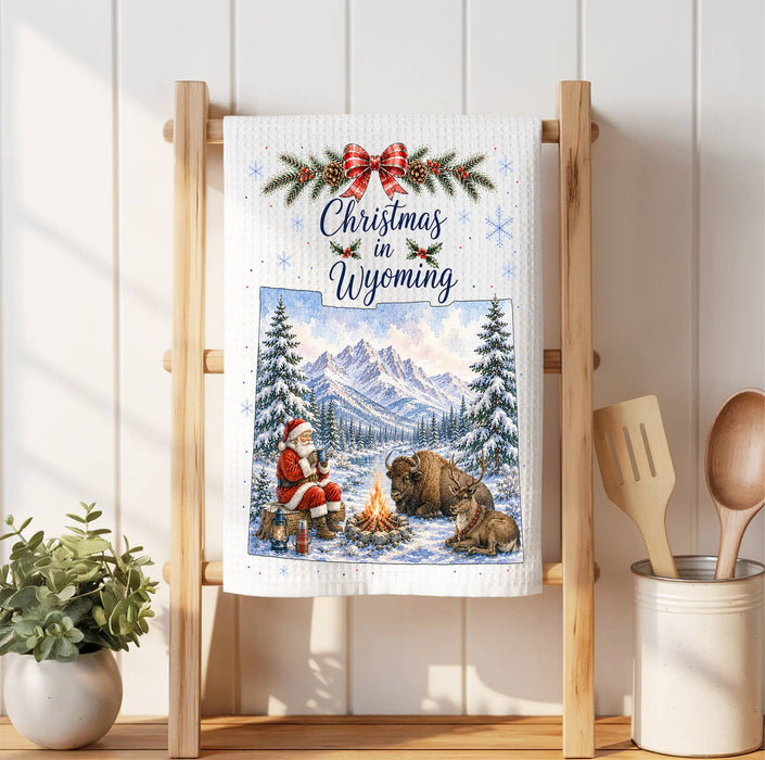 Christmas in Wyoming State Map Waffle Weave Towel