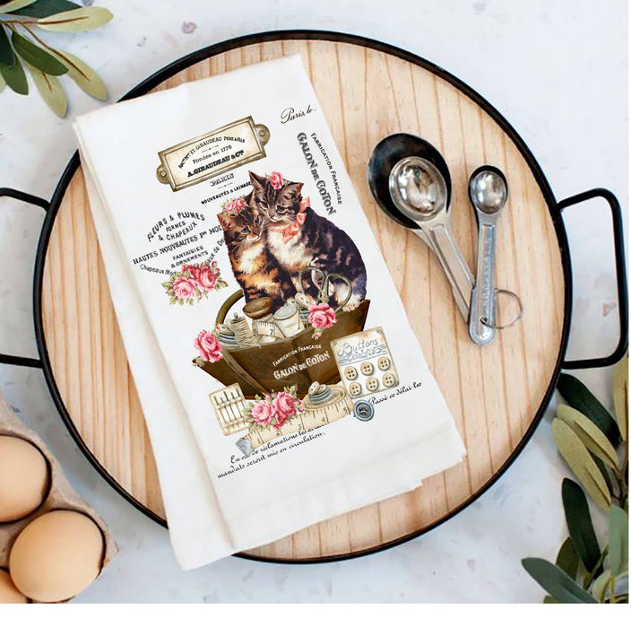 Country Vintage Fench Kittens Cats Tea Towel