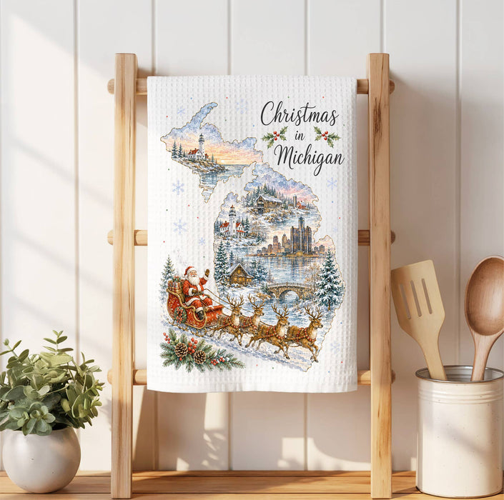Christmas in Michigan State Map Waffle Weave Towel
