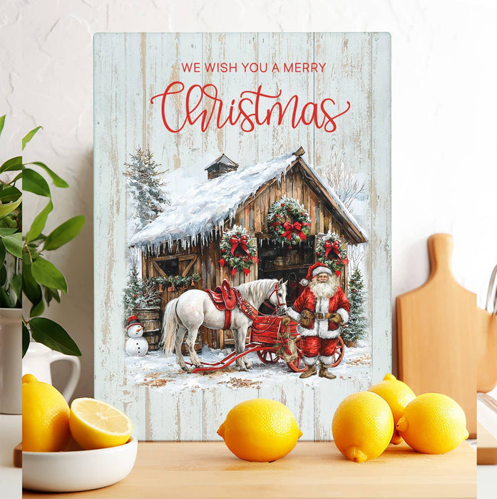 Merry Christmas Horse Barn Santa Glass Cutting Board