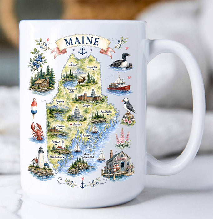 Maine State Map Landmark Coffee Mug