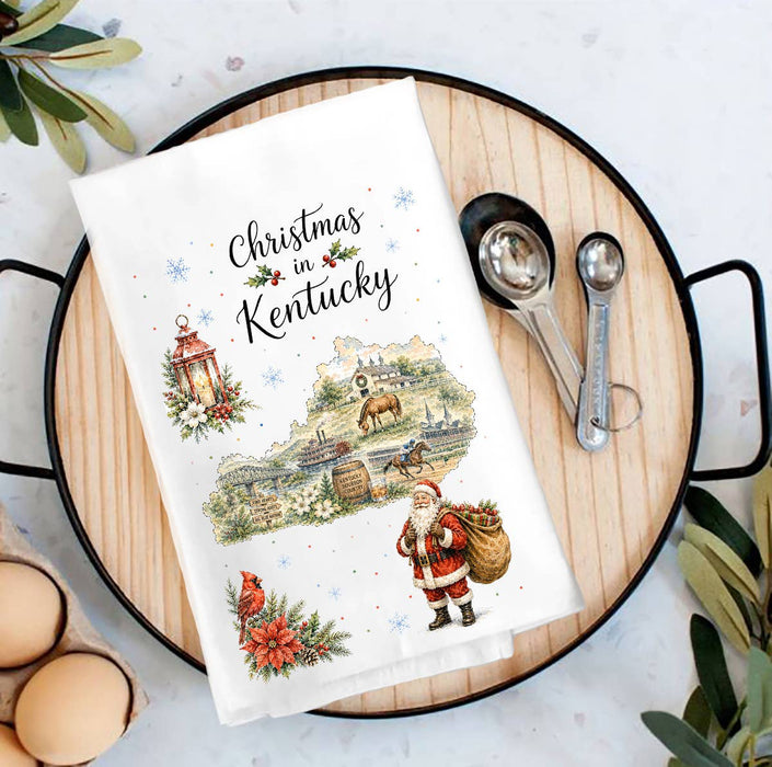 Christmas in Kentucky State Map Tea Towel