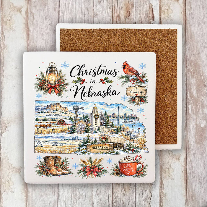 Christmas in Nebraska State Map Stone Coaster