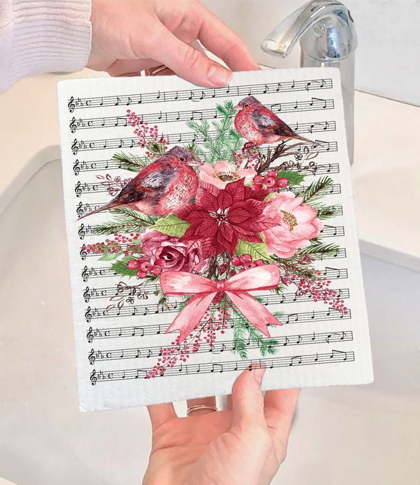 Christmas Red Cardinals Musical Notes Swedish Dishcloth