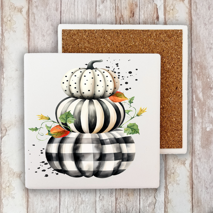 Fall Black and White Checkered Pumpkins Stone Coaster