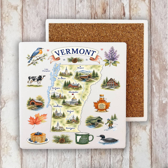 Vermont State Map Landmark Stone Coaster