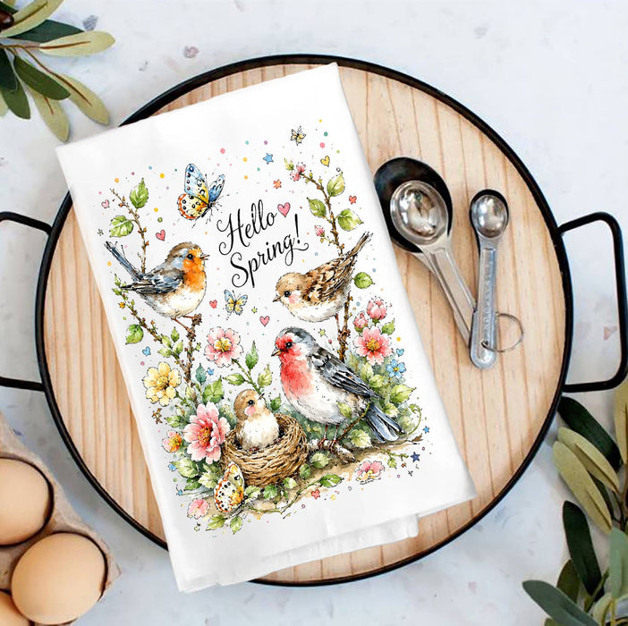 Hello Spring Flowers Birds Tea Towel