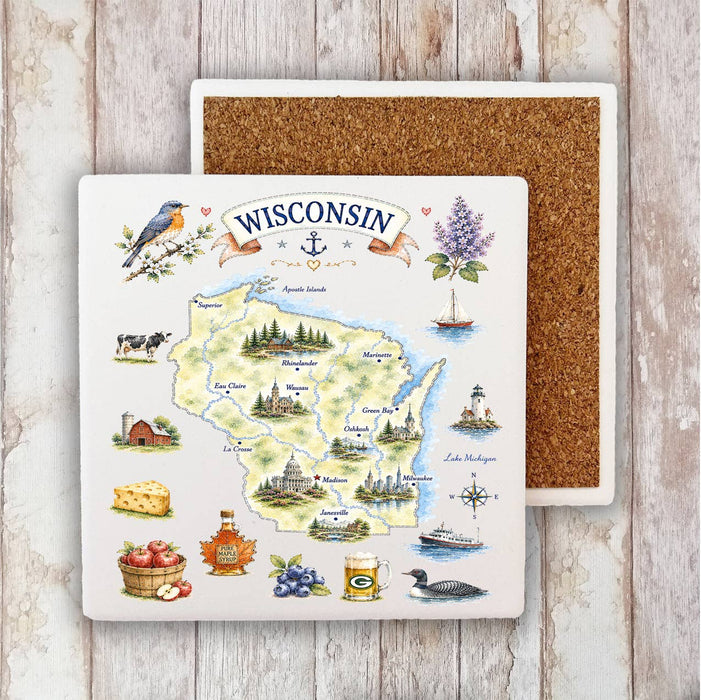 Wisconsin State Map Landmark Stone Coaster