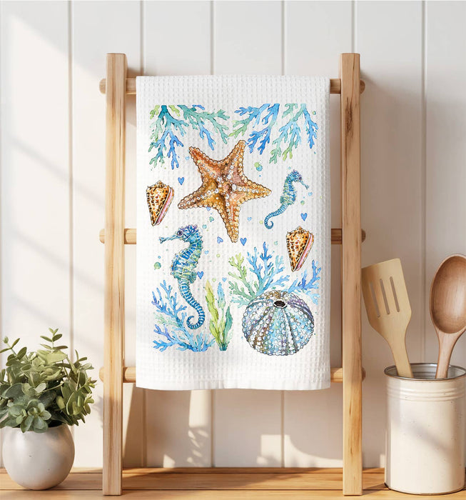 Coastal Blue Starfish Sea Horse Ocean Waffle Weave Towel