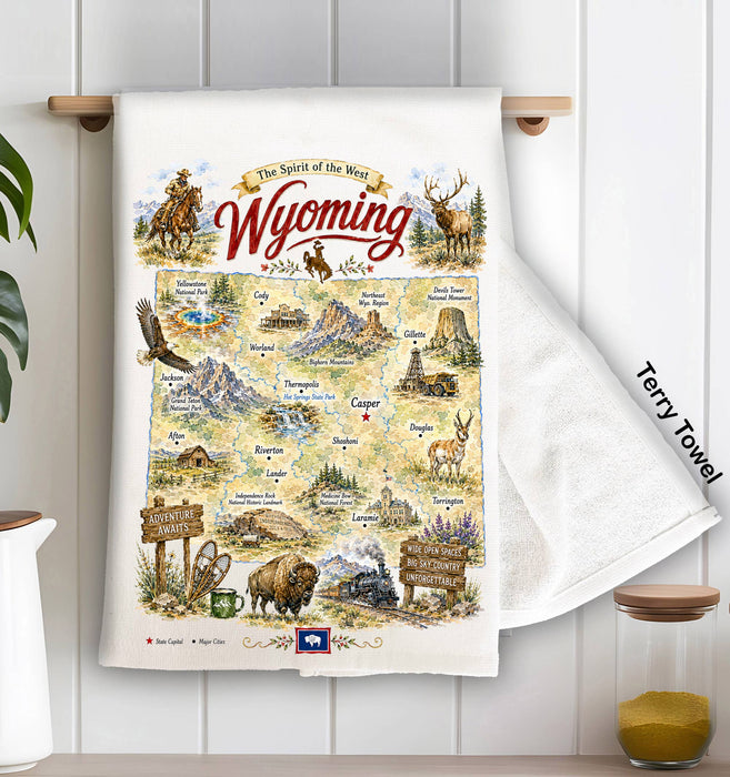 Wyoming State Map Landmark Kitchen Terry Towel