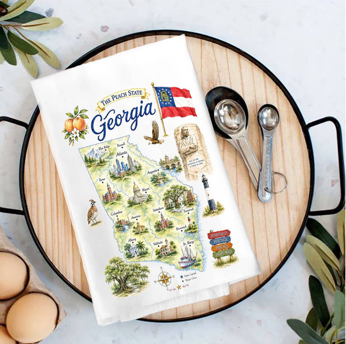 Georgia State Map Landmark Tea Towel
