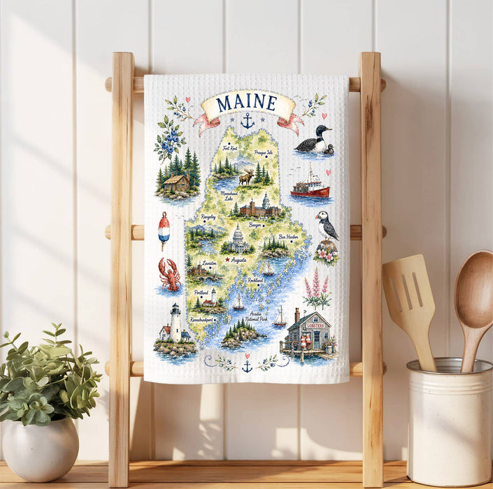 Maine State Map Landmark Waffle Weave Towel