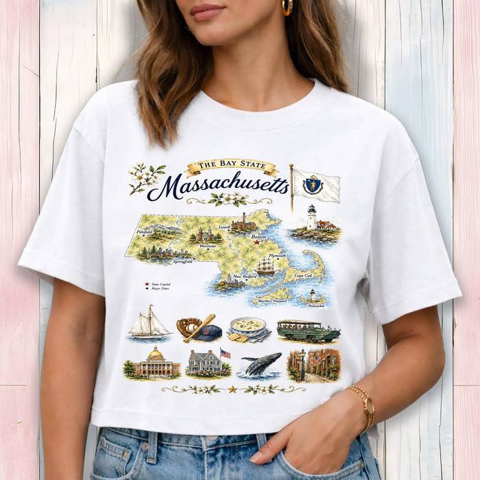 Massachusetts State Map Landmark Cropped T-Shirt