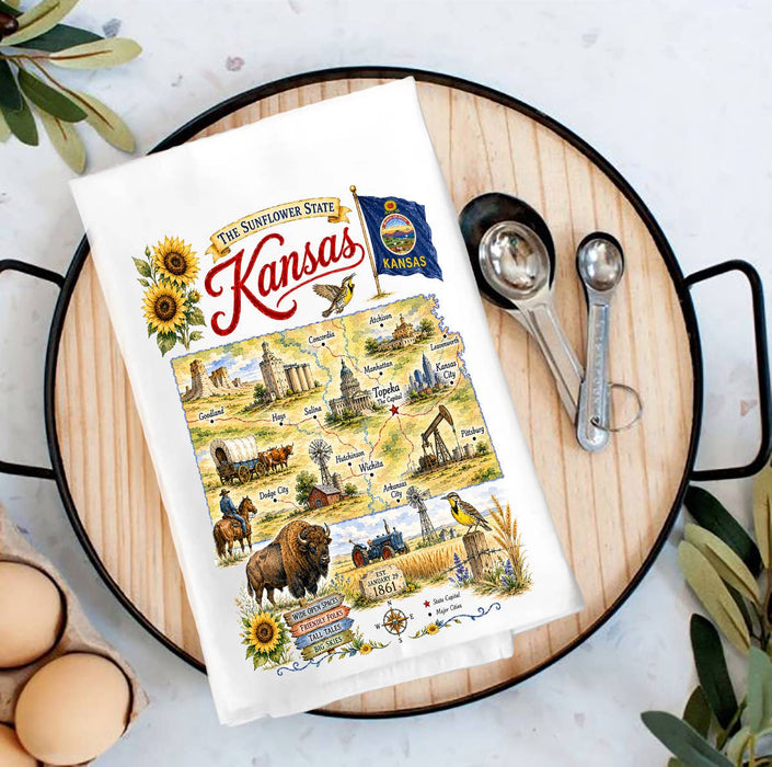 Kansas State Map Landmark Tea Towel