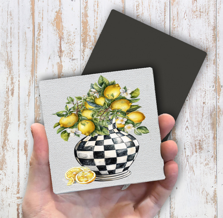 Checkered Vase with Lemons Magnet Fridge