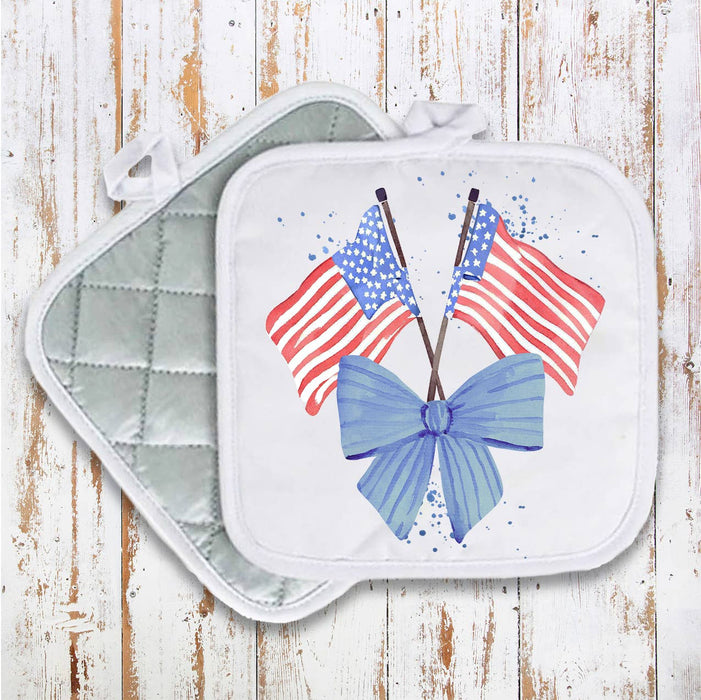Patriotic Watercolor Flag Bow Pot Holder Oven Mitt