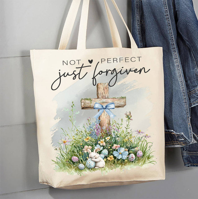 Not Perfect Just Forgiven Easter Cross Canvas Tote Bag