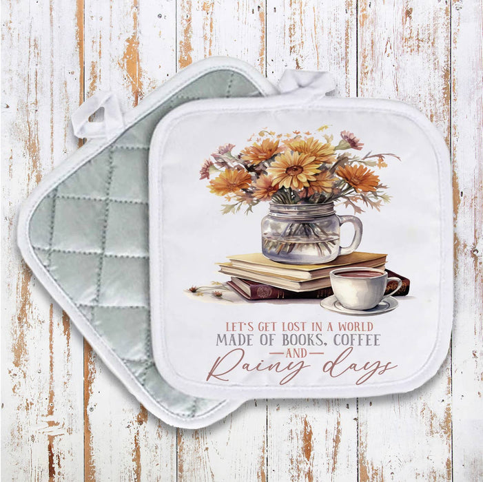 Autumn Fall Books & Coffee Rainy Day Pot Holder Oven Mitt