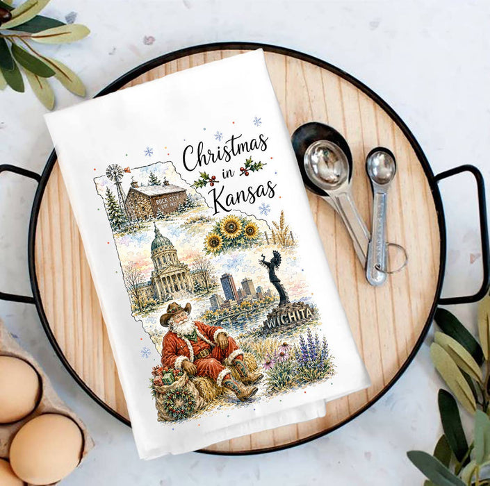 Christmas in Kansas State Map Tea Towel