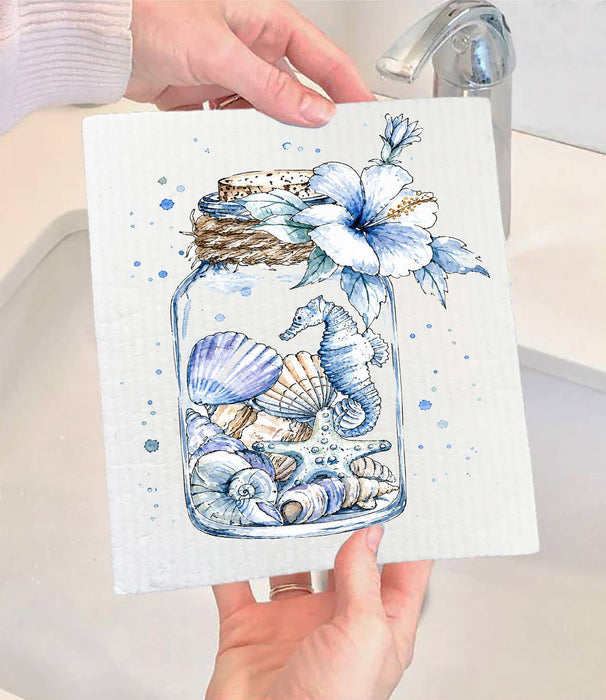 Coastal Blue Sea Shells in a Jar Swedish Dishcloth