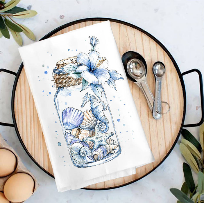 Coastal Blue Sea Shells in a Jar Tea Towel